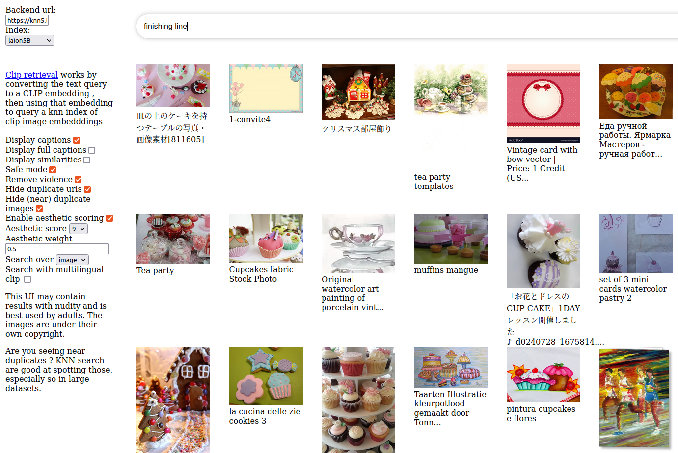 Screenshot of results for "finishing line" in the LAION databse