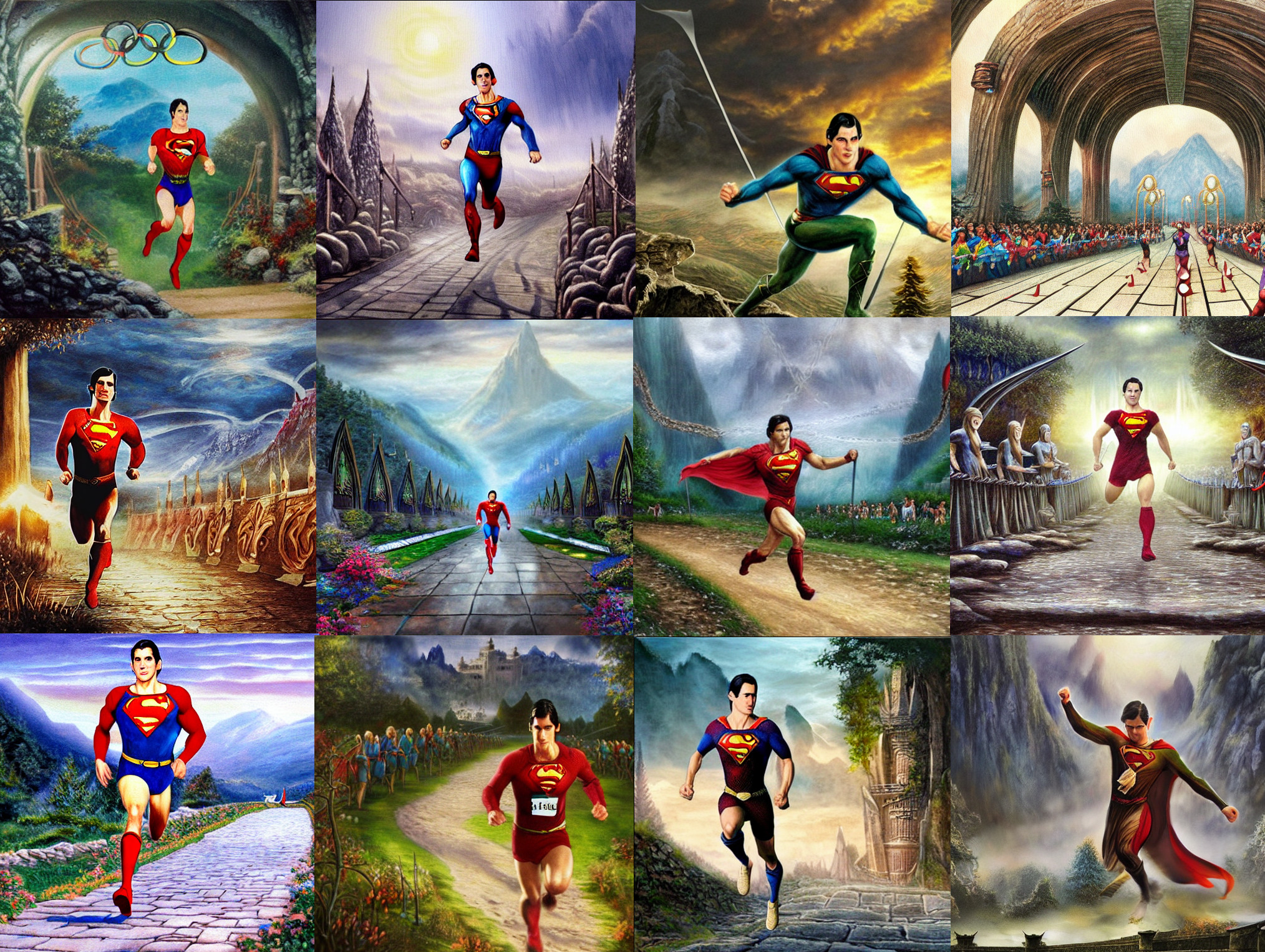 AI image generations of Superman winning a marathon in lotr elven city