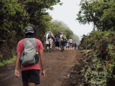 group of people on a hike in Galapagos islands