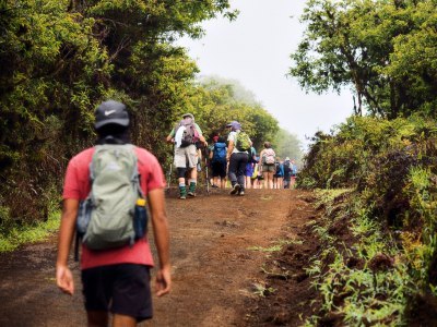 Group of people hiking in Galapagos islands (velvia style)